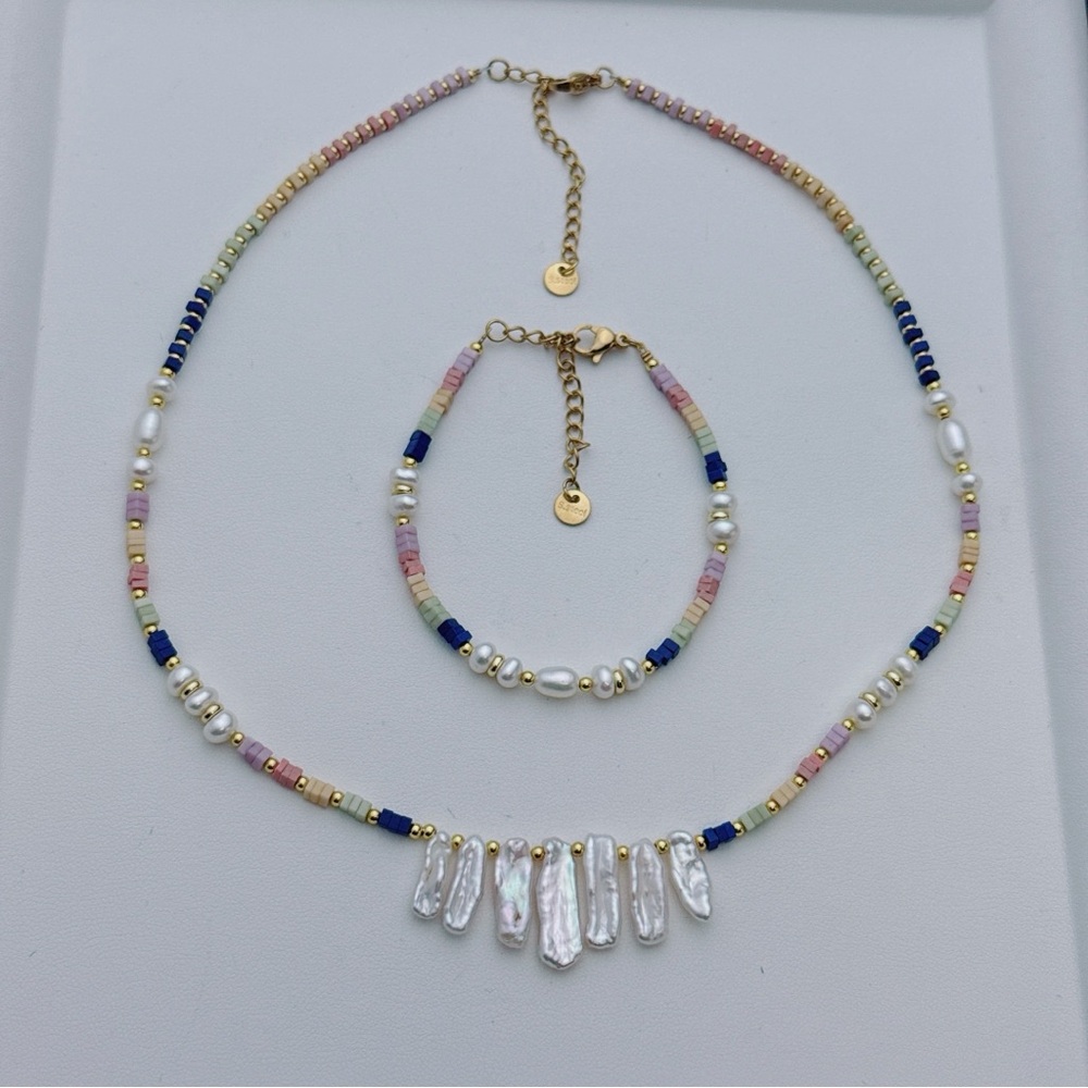 X711 Handmade Freshwater Baroque Pearl Rainbows chips Necklace Bracelet Set